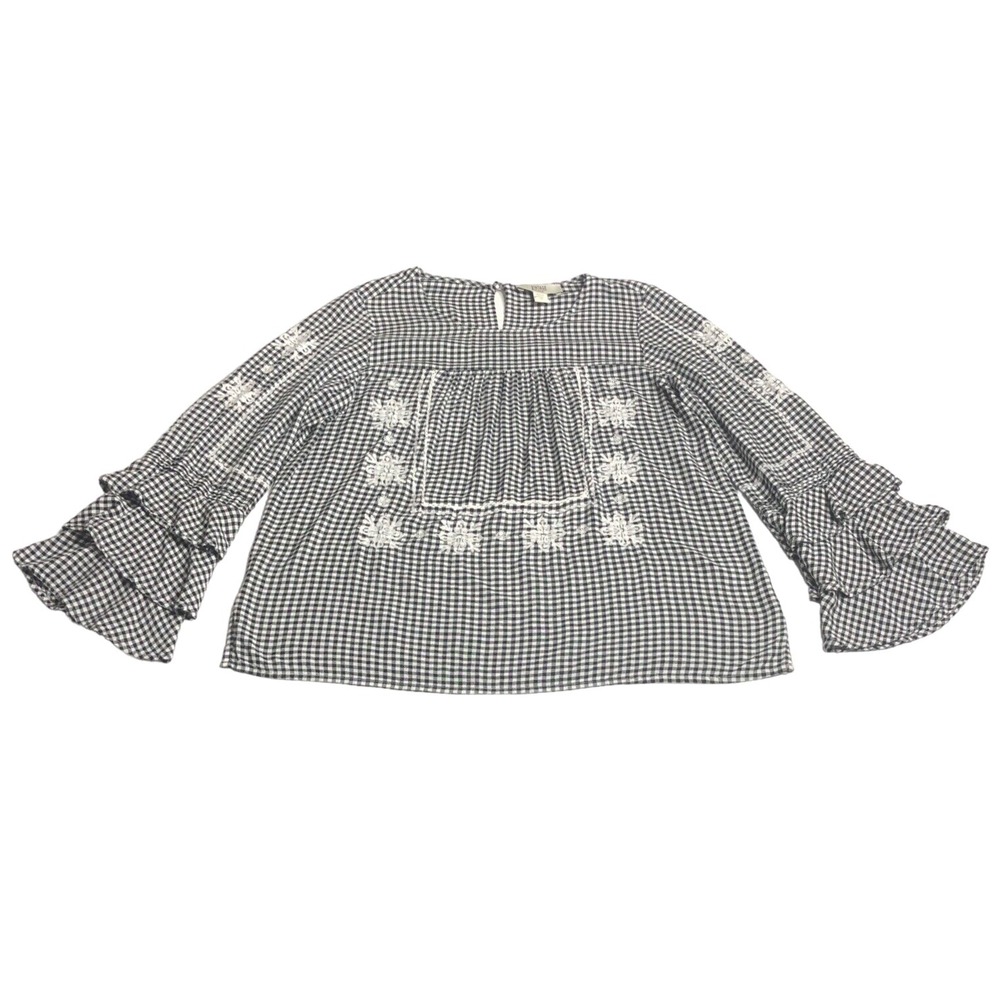 Vintage America Blues Top Womens M Gingham Plaid Tiered Bell Sleeve Boho